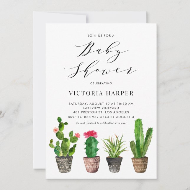 Boho Watercolor Potted Cactus Baby Shower Invitation (Front)
