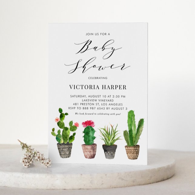 Boho Watercolor Potted Cactus Baby Shower Invitation