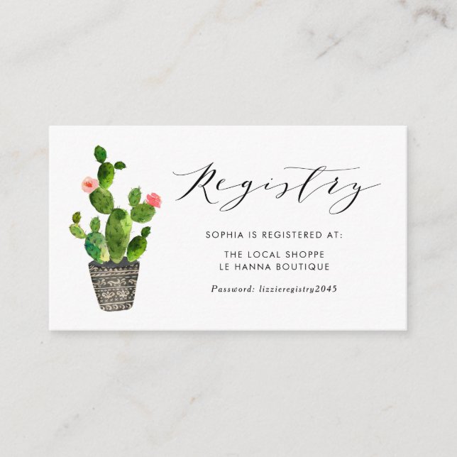 Boho Watercolor Potted Cactus Baby Shower Registry Enclosure Card (Front)