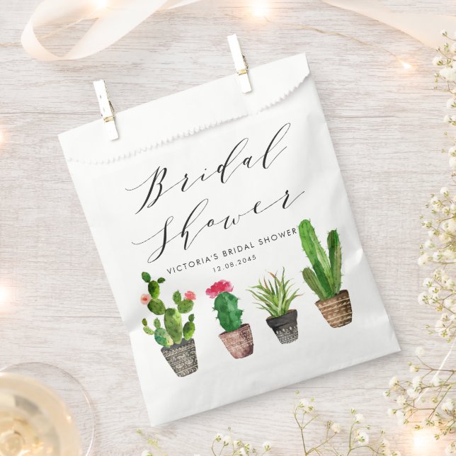 Boho Watercolor Potted Cactus Bridal Shower Favor Bag (Clipped)