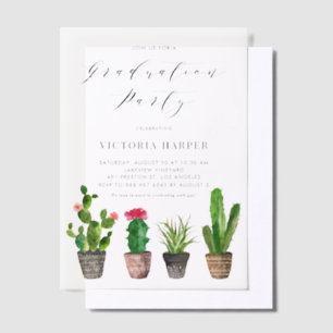 Boho Watercolor Potted Cactus Graduation Party Vellum Invitations