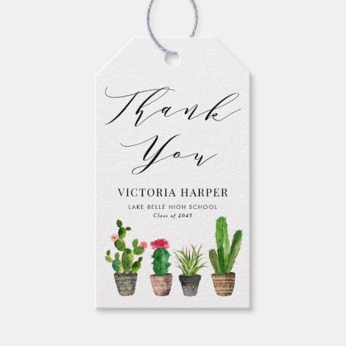 Boho Watercolor Potted Cactus Graduation Thank You Gift Tags