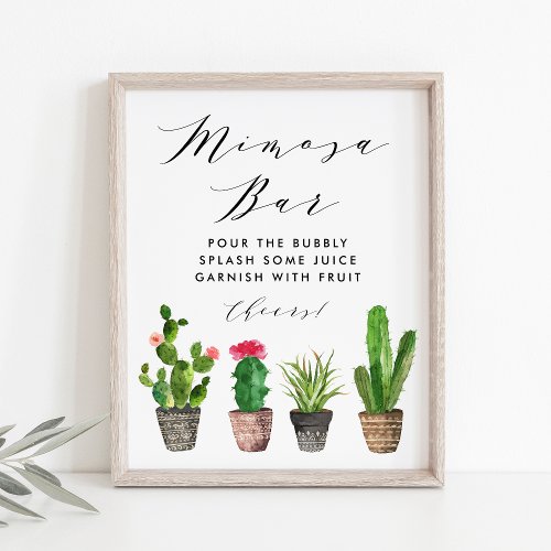 Boho Watercolor Potted Cactus Mimosa Bar Poster