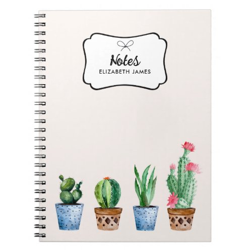 Boho Watercolor Potted Cactus  Succulents Custom Notebook
