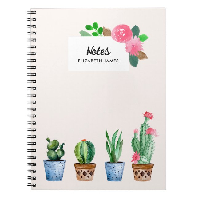 Boho Watercolor Potted Cactus & Succulents Custom Notebook (Front)