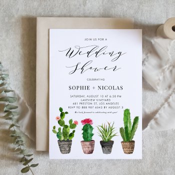 Boho Watercolor Potted Cactus Wedding Shower Invitation by misstallulah at Zazzle