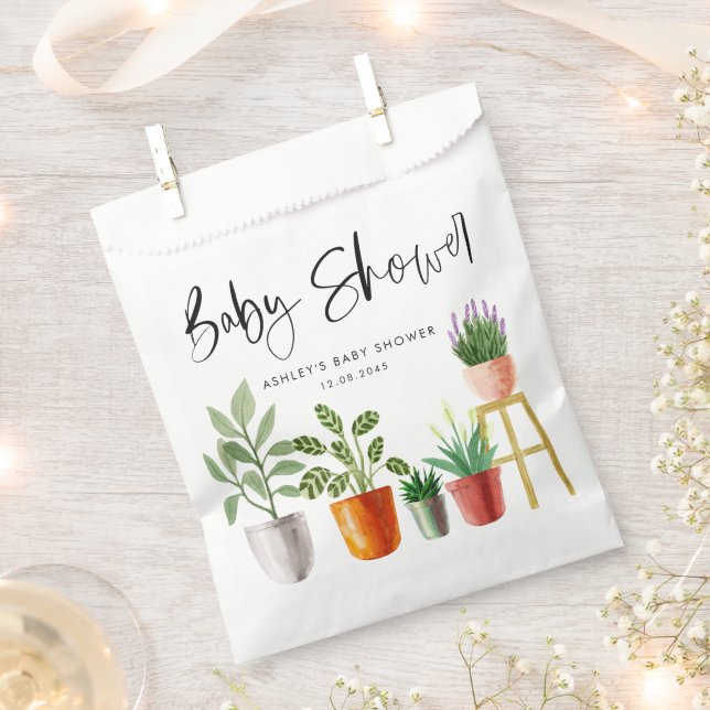 Boho Watercolor Potted Houseplants Baby Shower Favor Bag (Clipped)