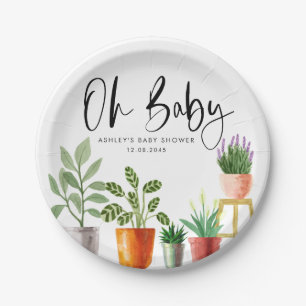 Boho Watercolor Potted Houseplants Baby Shower Paper Plates