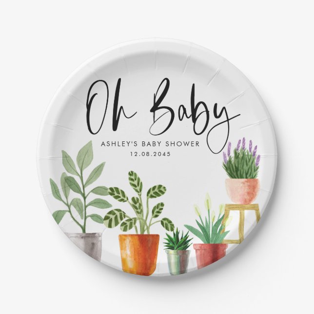 Boho Watercolor Potted Houseplants Baby Shower Paper Plates (Front)