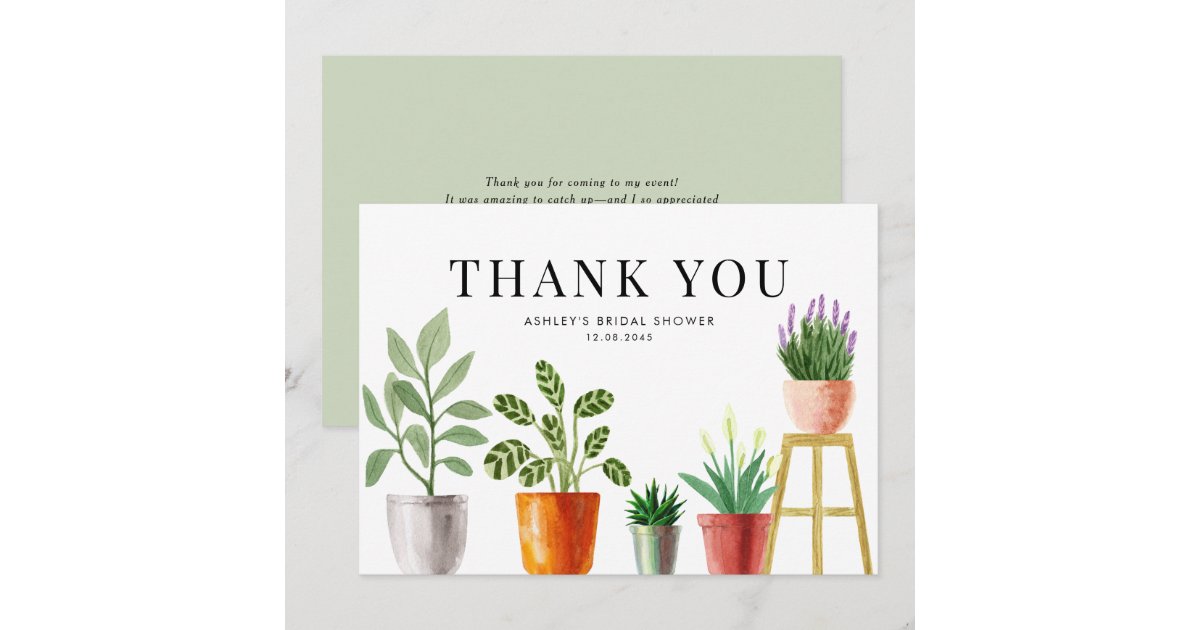 Boho Watercolor Potted Houseplants Bridal Shower Thank You Card | Zazzle
