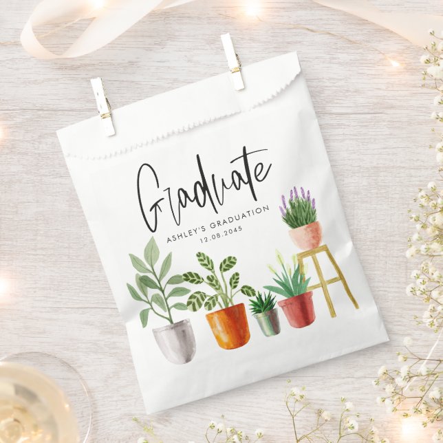Boho Watercolor Potted Houseplants Graduation Favor Bag (Clipped)