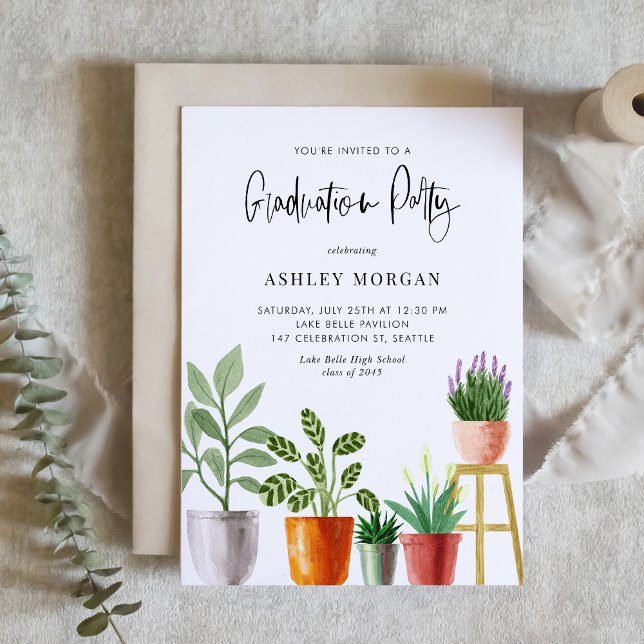 Boho Watercolor Potted Houseplants Graduation Invitation (Customizable boho graduation party invitation featuring watercolor potted houseplants. )