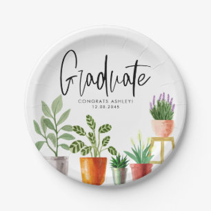 Boho Watercolor Potted Houseplants Graduation Paper Plates