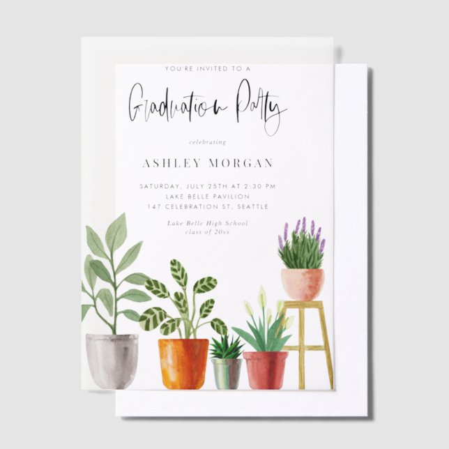 Boho Watercolor Potted Houseplants Graduation Vellum Invitations (Offset)