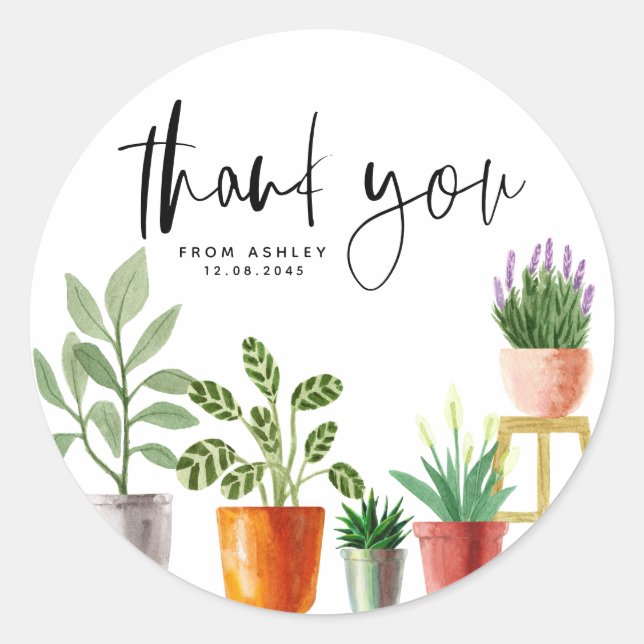 Boho Watercolor Potted Houseplants Thank You Classic Round Sticker (Front)
