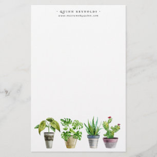 Boho Watercolor Potted Plant Monogram Stationery