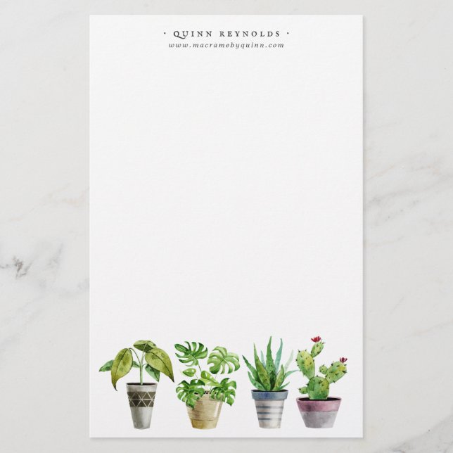 Boho Watercolor Potted Plant | Monogram Stationery (Front)