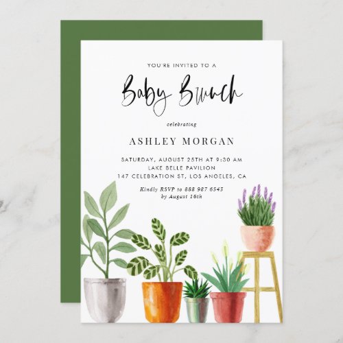 Boho Watercolor Potted Plants Baby Brunch Invitation - Invite guests to your event with this customizable baby brunch invitation. It features watercolor illustrations of potted houseplants such as peach lilt, lavender and succulents. Personalize this plant theme baby brunch invitation by adding your own details. This boho baby brunch invitation is perfect for spring and summer baby showers and gender neutral baby showers. 