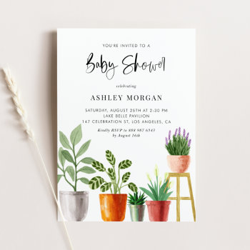 Boho Watercolor Potted Plants Baby Shower Invitation by misstallulah at Zazzle