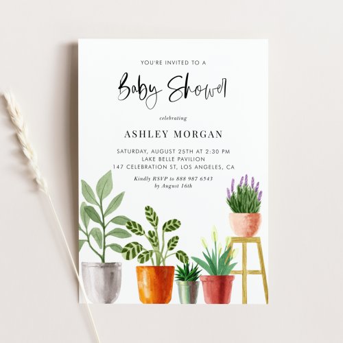 Boho Watercolor Potted Plants Baby Shower Invitation