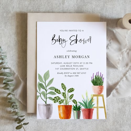 Boho Watercolor Potted Plants Baby Shower Invitation