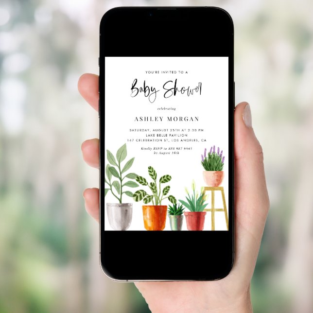 Boho Watercolor Potted Plants Baby Shower Invitation (Front Digital)