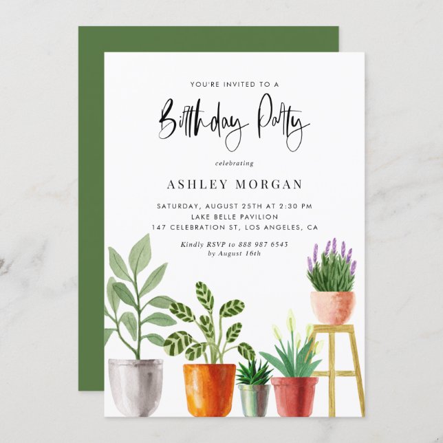 Boho Watercolor Potted Plants Birthday Party Invitation (Front/Back)