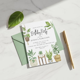 Boho Watercolor Potted Plants Birthday Party Invitation