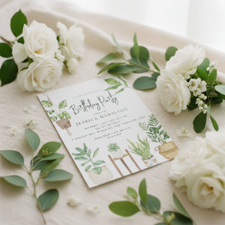 Boho Watercolor Potted Plants Birthday Party  Invitation