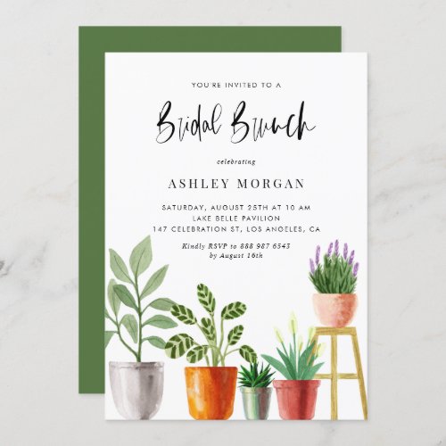 Boho Watercolor Potted Plants Bridal Brunch Invitation - Invite guests to your event with this customizable bridal brunch invitation. It features watercolor illustrations of potted houseplants such as peach lily, lavender and succulents. Personalize this plant theme bridal brunch invitation by adding your own details. This boho bridal brunch invitation is perfect for spring and summer bridal showers. 
