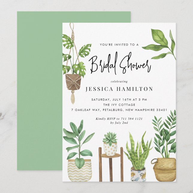 Boho Watercolor Potted Plants Bridal Shower  Invitation (Front/Back)