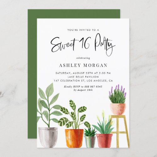 Boho Watercolor Potted Plants Sweet 16 Party Invitation