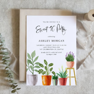 Boho Watercolor Potted Plants Sweet 16 Party Invitation