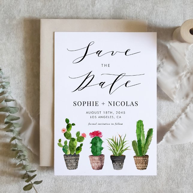 Boho Watercolor Potted Succulents and Cactus Save The Date (Creator Uploaded)