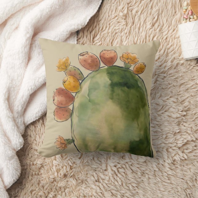 Boho Watercolor Prickly Pear Cactus Fruit  Throw Pillow (Blanket)