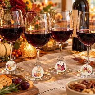 Boho Watercolor Pumpkin & Leaves Friendsgiving  Wine Charm