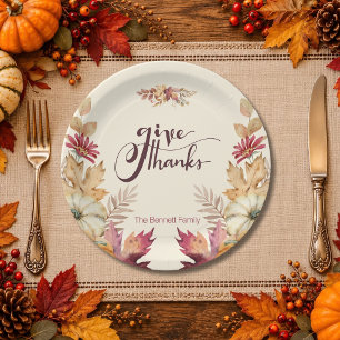 Boho Watercolor Pumpkin & Leaves Thanksgiving Paper Plates