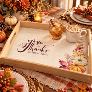 Boho Watercolor Pumpkin & Leaves Thanksgiving Serving Tray
