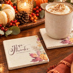 Boho Watercolor Pumpkin & Leaves Thanksgiving Stone Coaster