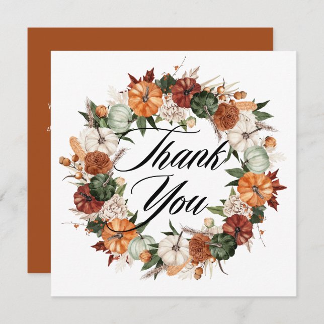 Boho Watercolor Pumpkins Wreath Autumn Wedding Thank You Card (Front/Back)