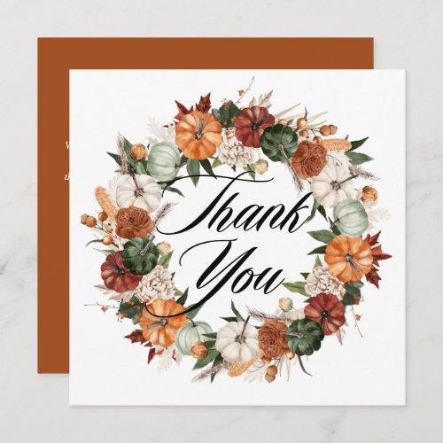 Boho Watercolor Pumpkins Wreath Autumn Wedding Thank You Card