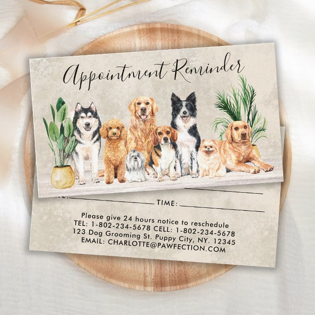 Boho Watercolor Puppy Dogs Pet Groomer Reminder Appointment Card (Creator Uploaded)