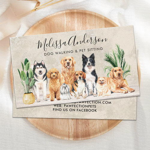 Boho Watercolor Puppy Dogs Walking Dog Groomer Pet Business Card