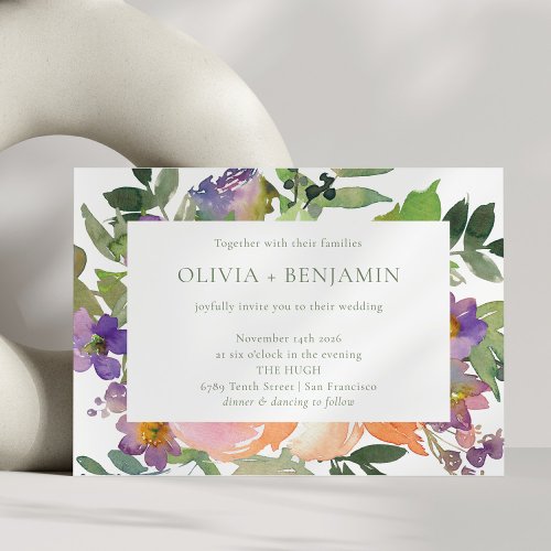 Boho Watercolor Purple Orange Floral Wedding Invitation