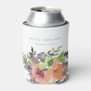 Boho Watercolor Purple Orange Floral Wedding Names Can Cooler