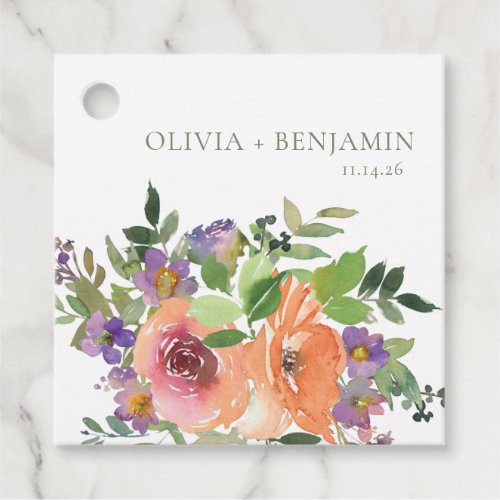 Boho Watercolor Purple Orange Floral Wedding Names Favor Tags