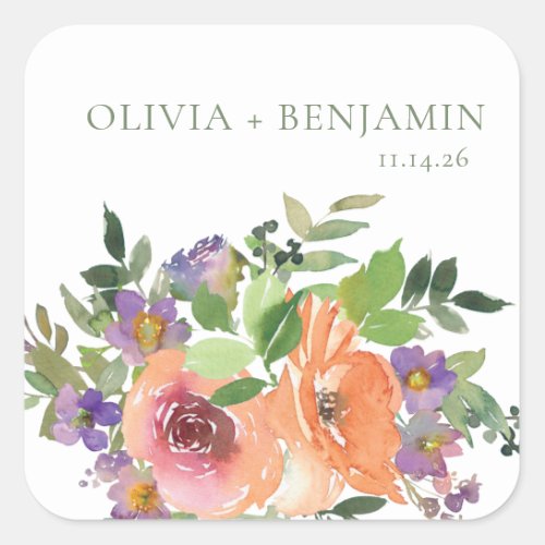 Boho Watercolor Purple Orange Floral Wedding Names Square Sticker