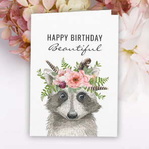 Boho Watercolor Raccoon Happy Birthday Card
