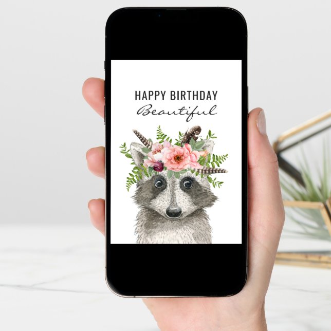 Boho Watercolor Raccoon Happy Birthday Card (Front Digital)