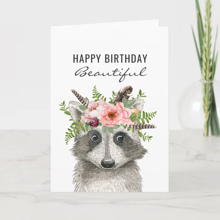 Boho Watercolor Raccoon Happy Birthday Card